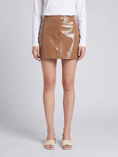 Courrèges Embroidered Logo Coated Cotton Pencil Mini Skirt In Brown