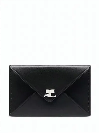 COURRÈGES ENVELOPE-STYLE BLACK CALF LEATHER WALLET WITH SILVER-TONE CLASP