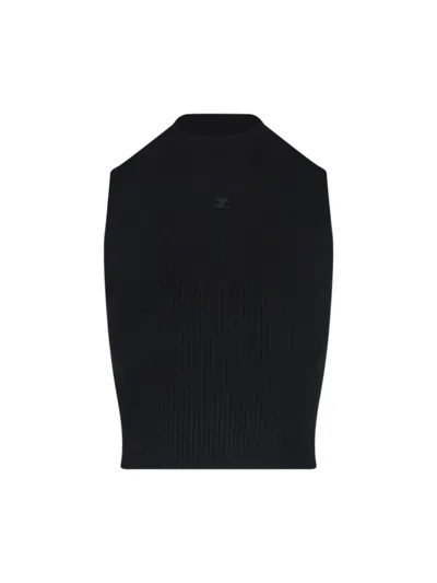 Courrèges Fitted Black Crop Top With Ribbed Texture