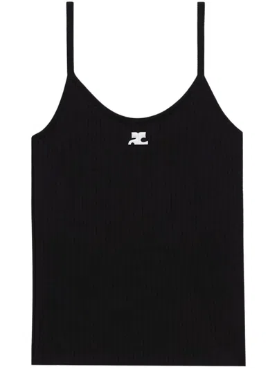 COURRÈGES FITTED BLACK RIBBED TANK TOP WITH SUBTLE LOGO