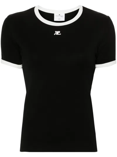 COURRÈGES COURRÈGES FITTED BLACK T-SHIRT WITH CONTRASTING TRIM AND EMBROIDERED LOGO