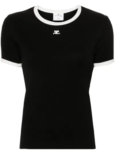 COURRÈGES FITTED BLACK T-SHIRT WITH CONTRASTING TRIM AND EMBROIDERED LOGO