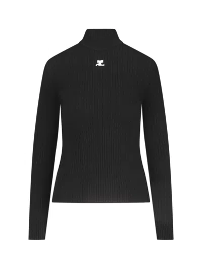 COURRÈGES COURRÈGES FITTED BLACK TURTLENECK WITH RIBBED TEXTURE