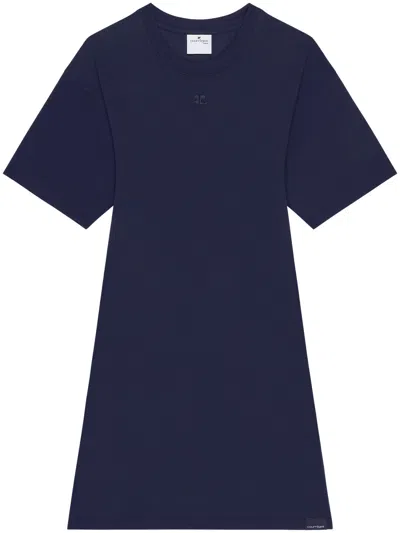 Courrèges Fitted Cotton Mini Dress With Embroidered Logo In Navy