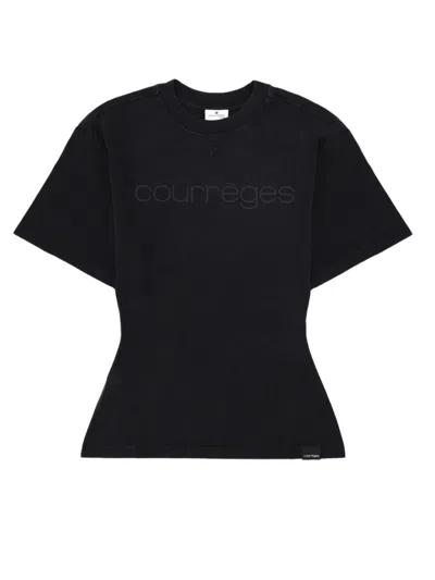 Courrèges Fitted Embossed Logo Black Cotton T-shirt