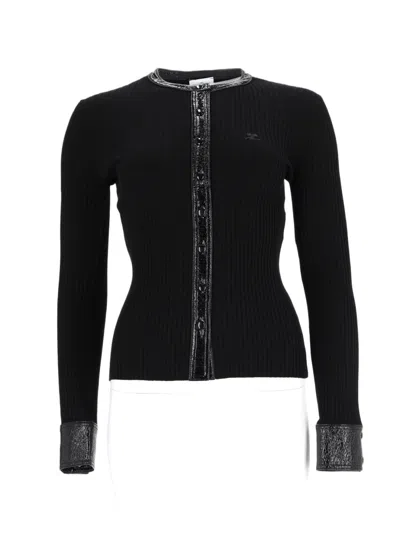 Courrèges Fitted Ribbed Cardigan With Glossy Vinyl Accents In Black