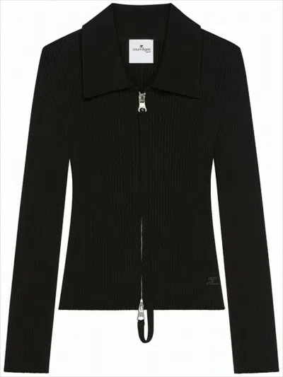 Courrèges Fitted Ribbed Cardigan With Silver Zipper Detail In Black