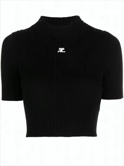 Courrèges Fitted Ribbed Knit Crop Top With Mock Neckline In Black