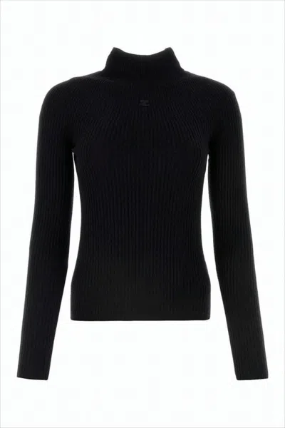 Courrèges Fitted Ribbed Knit Long-sleeve Top With High Neckline In Black
