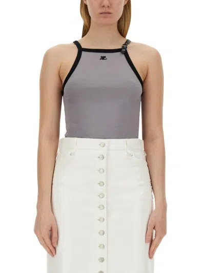 COURRÈGES COURRÈGES FITTED TOP WITH CENTRAL LOGO AND CONTRASTING TRIM