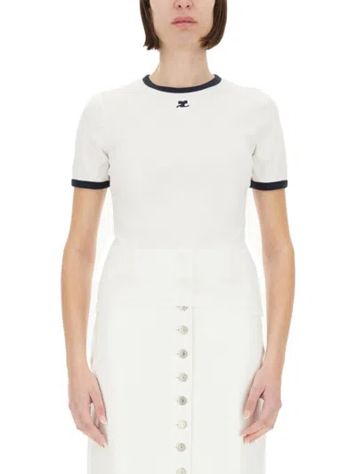 Courrèges Fitted White T-shirt With Contrasting Ribbed Trim