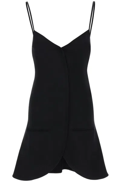 COURRÈGES FLARED BLACK DRESS WITH LAYERED FRONT AND V-NECKLINE
