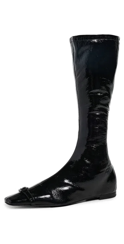 Courrèges Knee Length Vinyl Boots Square Toe Buckle In Black