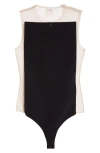 Courrèges Stretch Sheer Bodysuit High Neckline In Sand/black