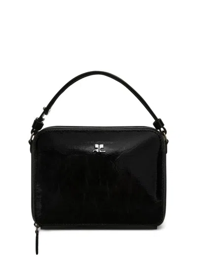 Courrèges Glossy Black Calf Leather Bag With Silver-tone Accents