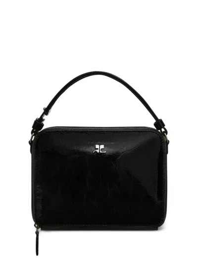 COURRÈGES GLOSSY BLACK CALF LEATHER BAG WITH SILVER-TONE ACCENTS