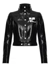 Courrèges Glossy Black Coat With High Collar And Logo Detailing