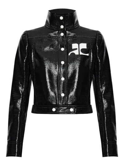 Courrèges Glossy Black Coat With High Collar And Logo Detailing