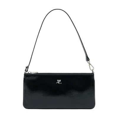 Courrèges Glossy Calfskin Leather Shoulder Bag In Black