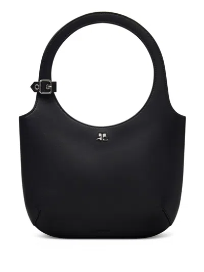 Courrèges Grained Black Calf Leather Shoulder Bag With Silver-tone Accents