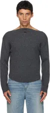 Courrèges Gray Boatneck Ribbed Wool Sweater In Gray