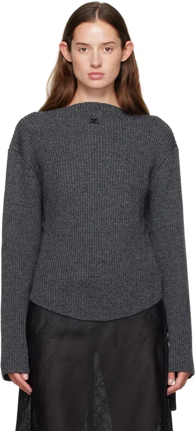 Courrèges Gray Boatneck Ribbed Wool Sweater In Black