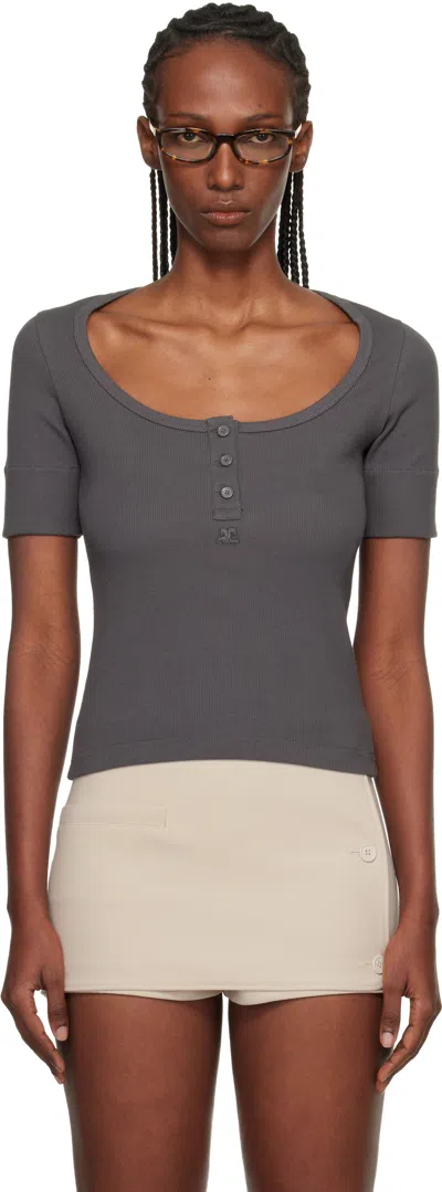 Courrèges Gray Buttoned 90's Rib T-shirt In Blue