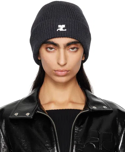 Courrèges Gray Ribbed Wool Beanie In Black