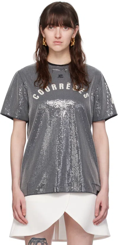 Courrèges Gray Sequinned T-shirt In 9071 Stonewash Grey