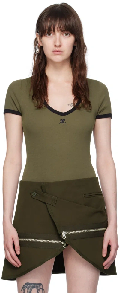 Courrèges Green V-neck Bodysuit In B133 Green/ Black