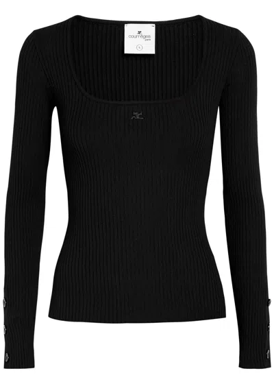Courrèges Embroidered Ribbed-knit Top In Black
