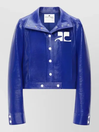 Courrèges High Collar Silk Nylon Long Sleeve Jacket In Blue