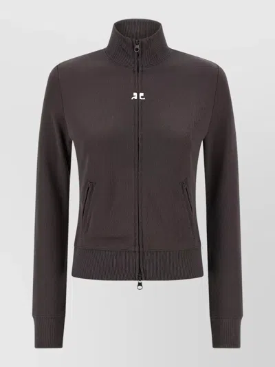 Courrèges High Collar Sweatshirt Ribbed Cuffs Hem Pockets In Brown