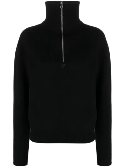 Courrèges High Collar Zip Closure Wool Sweater In Black