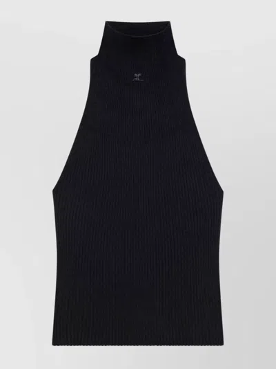 Courrèges High Neck Ribbed Sleeveless Top In Black