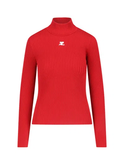Courrèges High-neck Ribbed Turtleneck With Embroidered Logo In Red