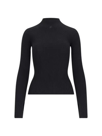 Courrèges High-neck Sweater In Black Cotton And Wool Blend