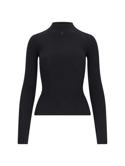 COURRÈGES HIGH-NECK SWEATER IN BLACK COTTON AND WOOL BLEND