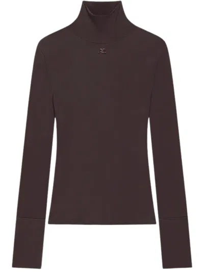Courrèges High-neck Logo T-shirt With Long Sleeves And Buttoned Cuffs In Burgundy