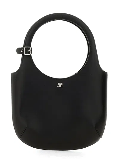 Courrèges Circular Handle Leather Bag With Adjustable Strap In Black