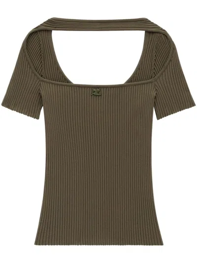 Courrèges Hyperboless Rib Knit Sweater Woman Green Camo In Viscose In Brown