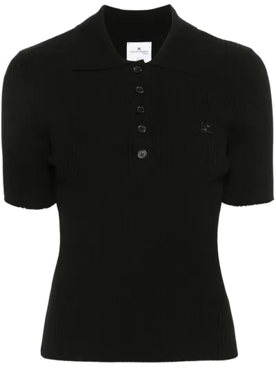 Courrèges Iconic Rib-knit Polo Shirt In Black