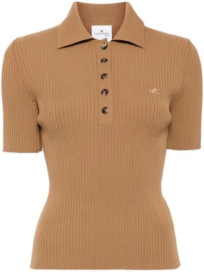 Courrèges Iconic Rib Knit Polo Shirt In Beige