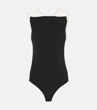 Courrèges Frame Illusion Mesh-paneled Cotton Bodysuit In Black