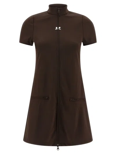 Courrèges Mini Dress With High Collar And Pockets In Brown