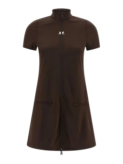 Courrèges Mini Dress With High Collar And Pockets In Brown