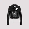 Courrèges Glossy Black Coat With High Collar And Logo Detailing In Green