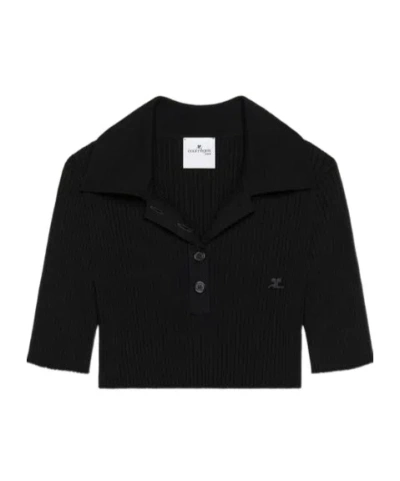 Courrèges Logo Patch Ribbed-knit Cropped Polo Top In Black