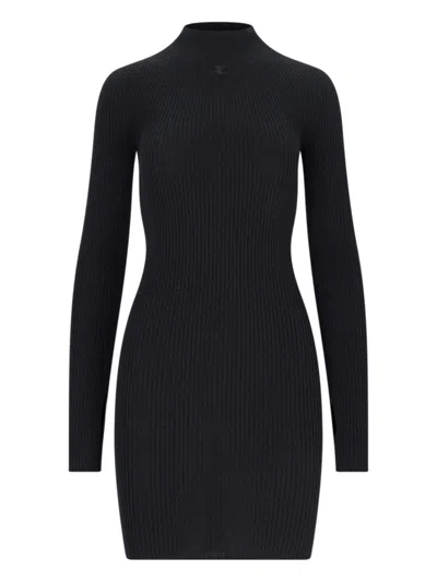 Courrèges Knitted Mini Dress In Black Cotton And Wool Blend