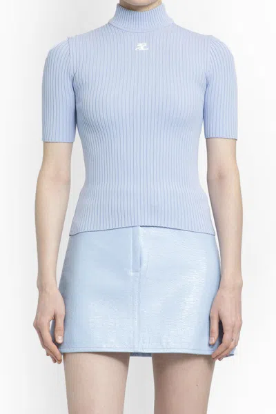 Courrèges Knit Viscose Blend Logo Top In Light Blue